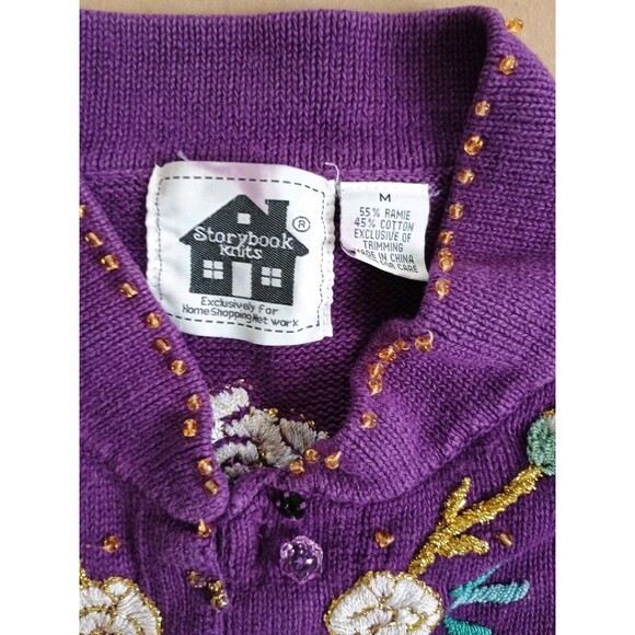 STORYBOOK KNITS Women Sz M Floral Beaded Cardigan Sweater Purple Grandma - Picture 3 of 8